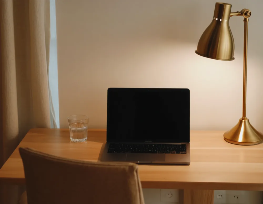 A laptop closed to a dark screen on a pale oak desk beside a small brass lamp, in the quiet of the practice.