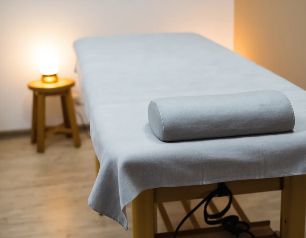 The treatment table with folded grey linen and a rolled bolster on the oak floor, beside a low brass lamp.